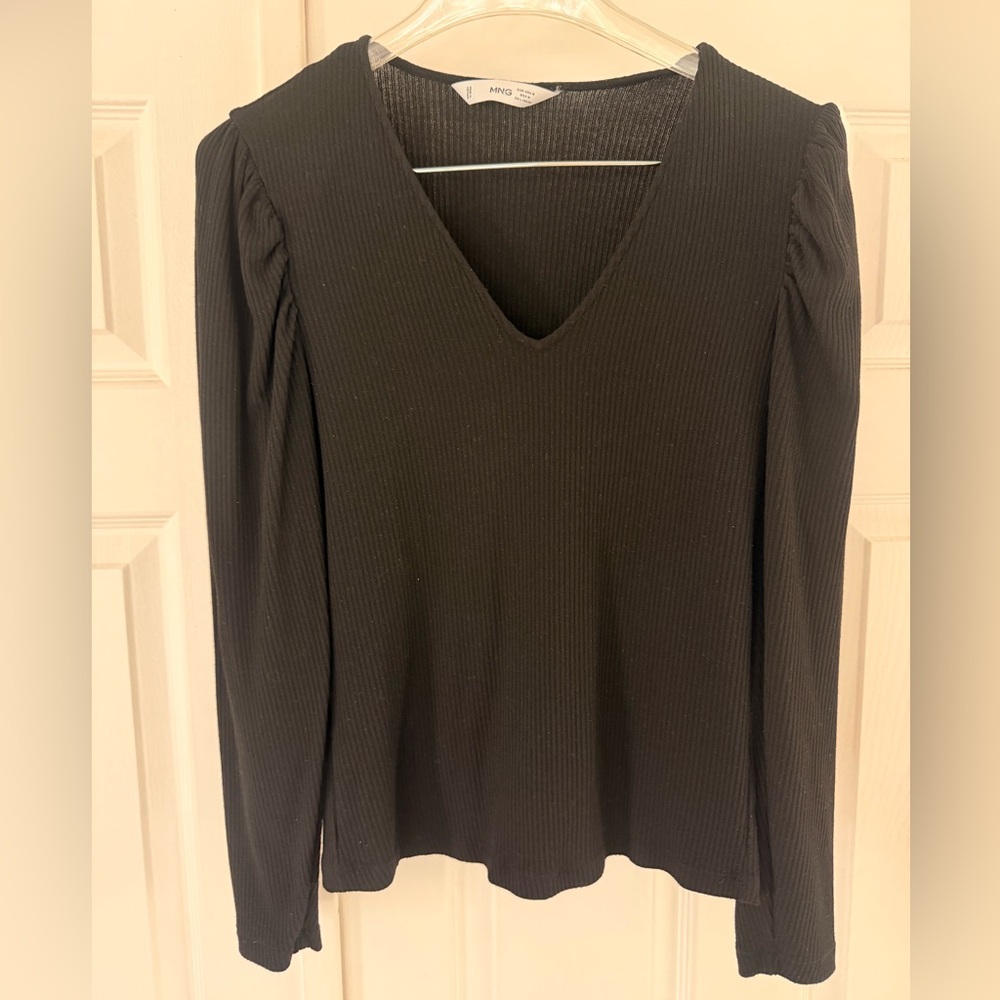 Mango Women's Black Long Sleeve V-Neck Top